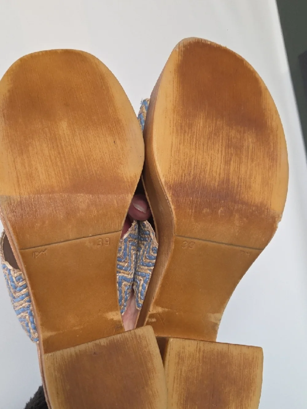 Braided Blue and Tan Platform Slide Heels - Women's Size 39